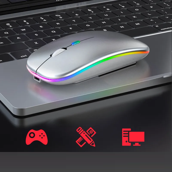 Ergonomic wireless mouse for computers, rechargeable with LED lighting, enhances comfort & productivity.