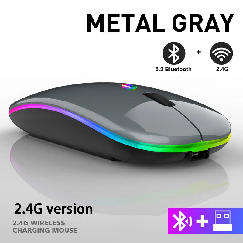 Portable wireless rechargeable LED mouse, perfect for travel or office, fits any laptop or PC.