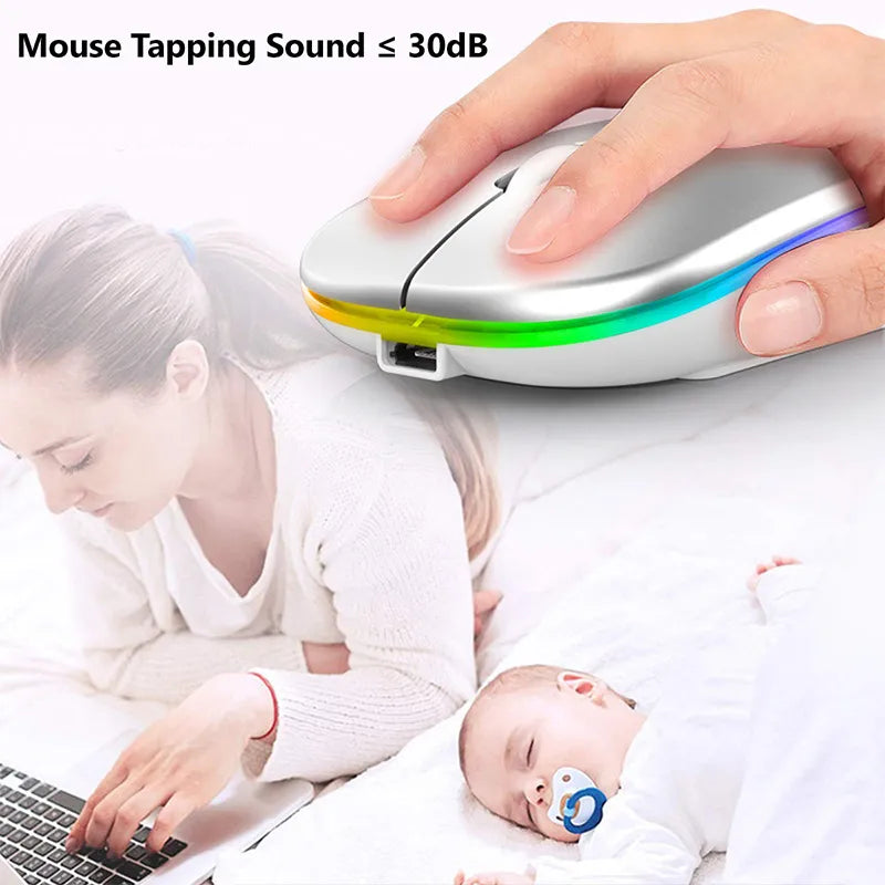 Silent click wireless LED mouse, rechargeable & ergonomic, a quiet and stylish computer accessory.