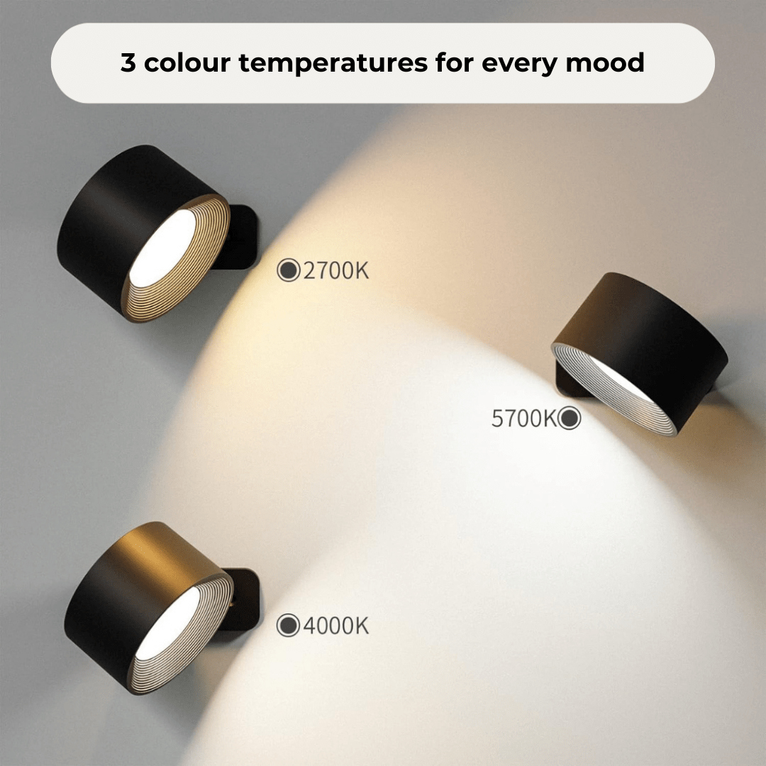 Rechargeable portable LED wall lamp with wireless design, touch control, and 360° rotation for any room.