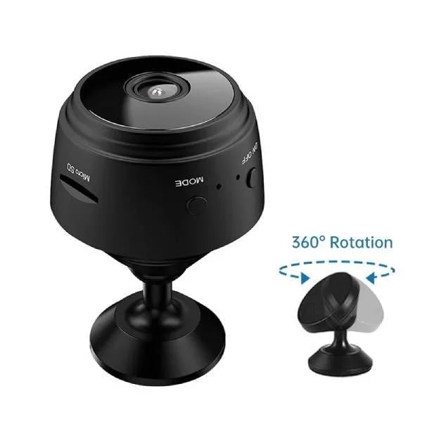 Mini security camera with magnetic base, wireless connectivity, and clear night vision for indoor use.