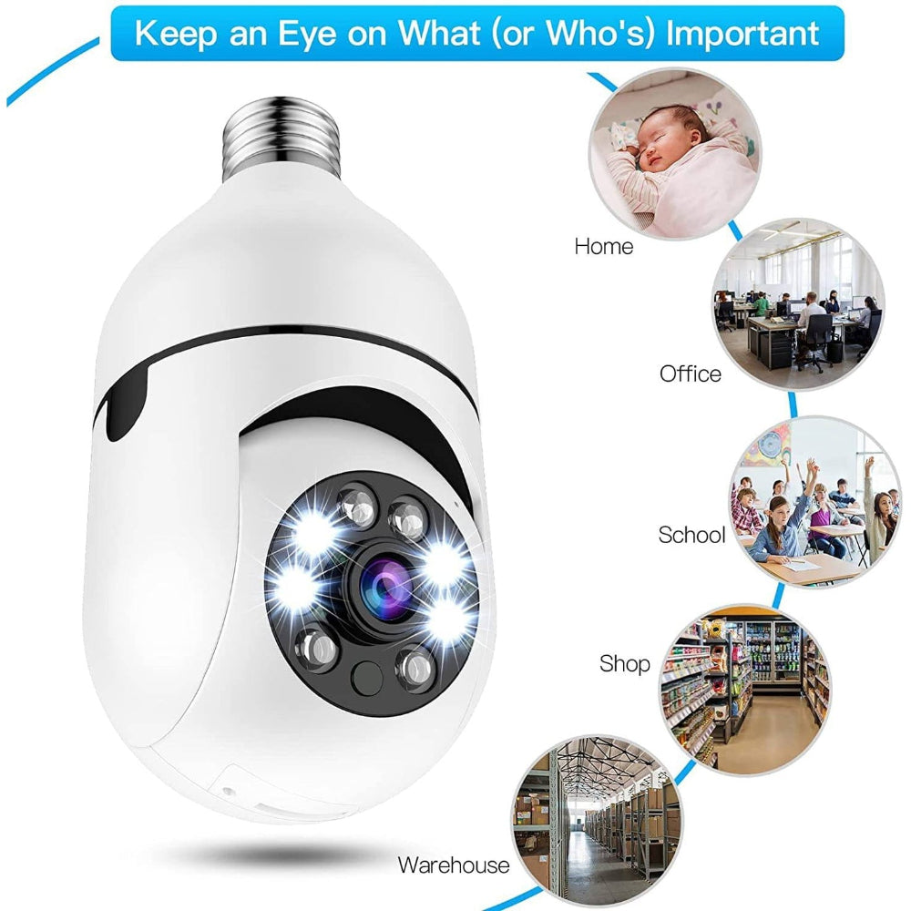 Discrete lightbulb security camera offering 1080p HD video, 360° panoramic view & two-way audio.