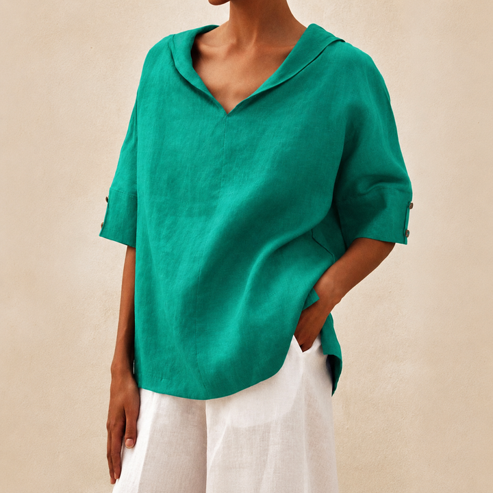 Women's chic V-neck blouse with short sleeves, a versatile elegant top.