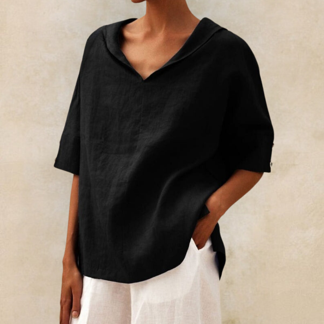 Women's V-neck short sleeve blouse, a chic & versatile top for work, casual outings, or summer.