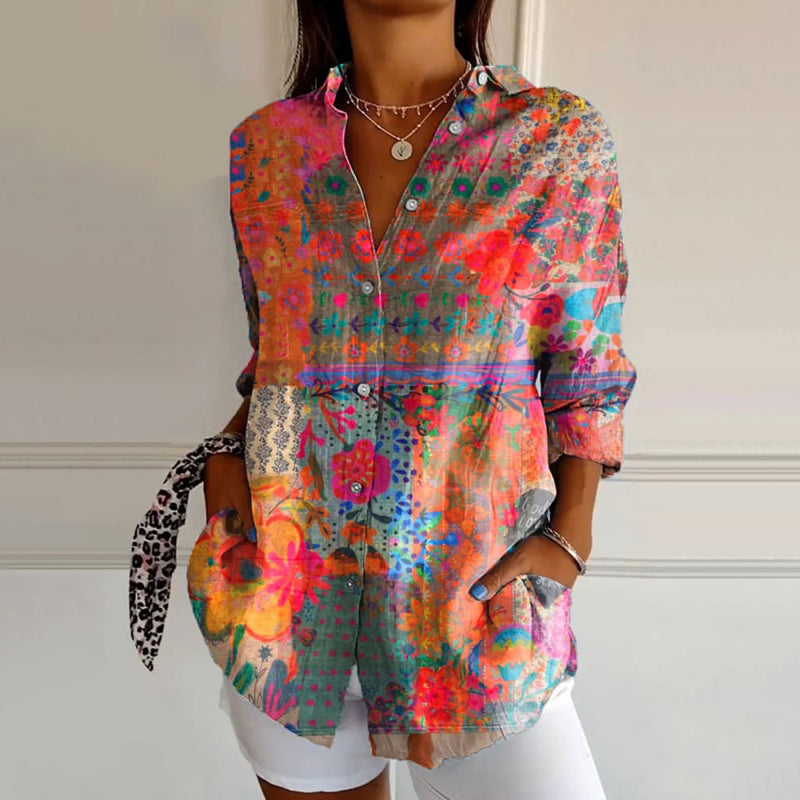 Elegant pink women's floral print long sleeve blouse with button-up front, perfect for casual chic fashion.