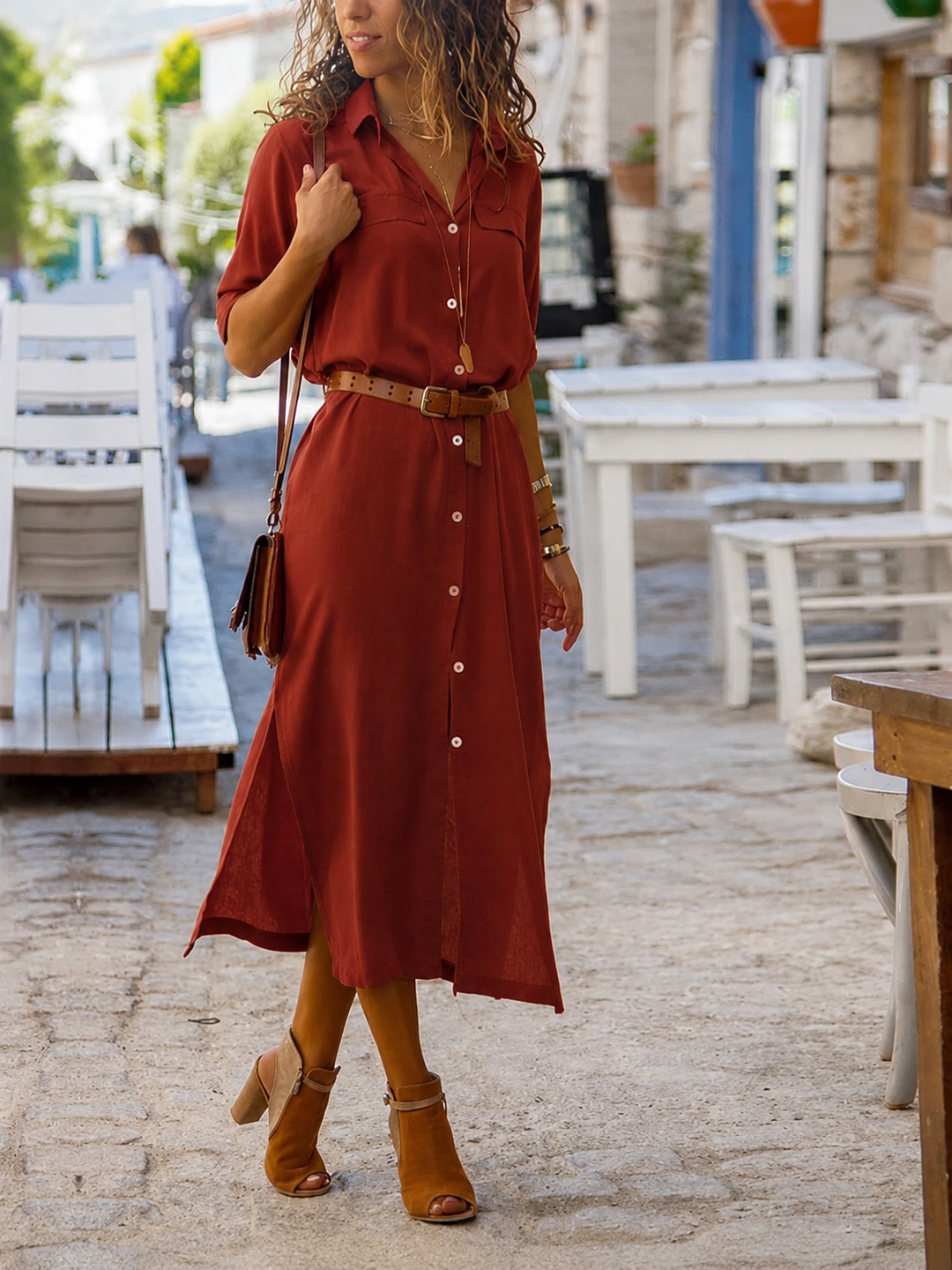 Women's elegant midi shirt dress with belt, perfect for a flattering and versatile style.