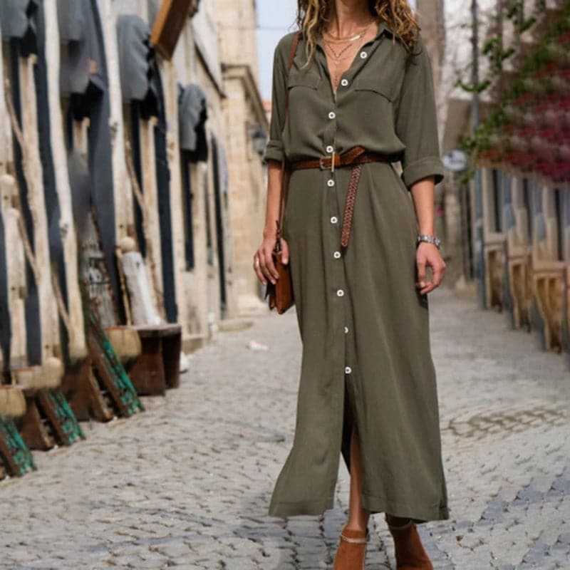 Versatile women's belted midi shirt dress, button-down design ideal for casual wear or sophisticated workwear.