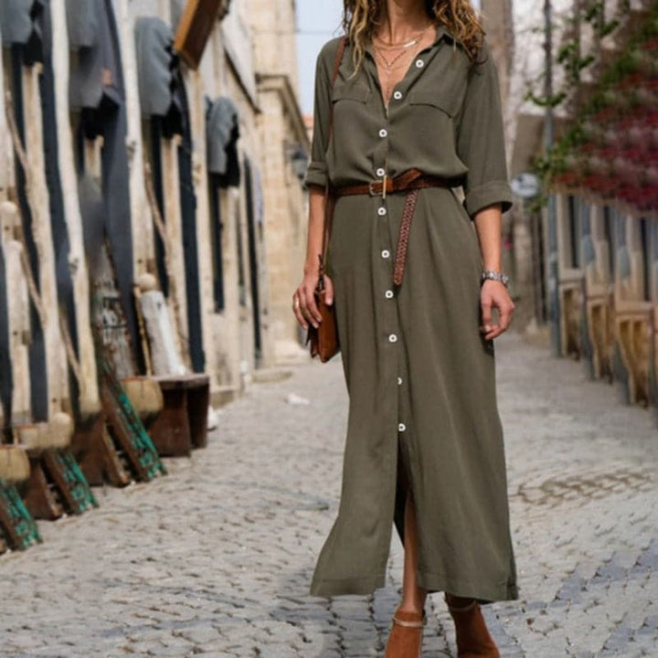 Versatile women's belted midi shirt dress, button-down design ideal for casual wear or sophisticated workwear.