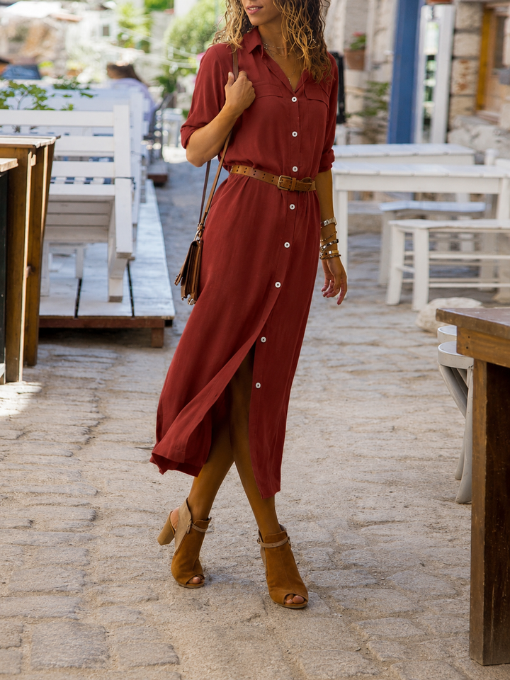 Classic women's midi shirt dress, a belted button-down design for an elegant, comfortable, and versatile fit.