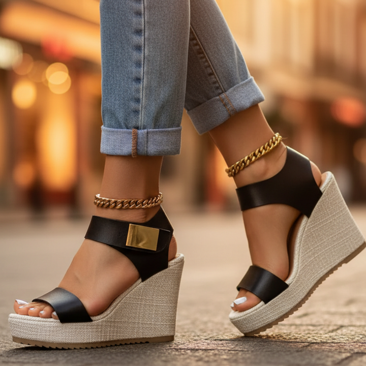 Women's supportive orthopedic wedge sandals, offering arch support & comfortable ankle strap for summer.