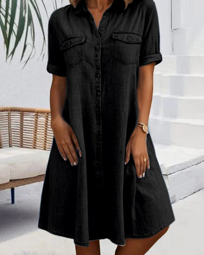 Comfortable A-line midi blouse dress for women, featuring a stylish button-front design & long sleeves. Great everyday fashion.