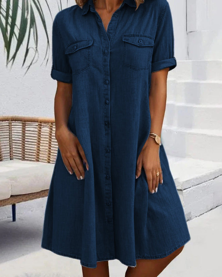 Versatile long sleeve women's blouse dress, button-front, A-line midi. Ideal for chic spring or fall fashion & casual wear.