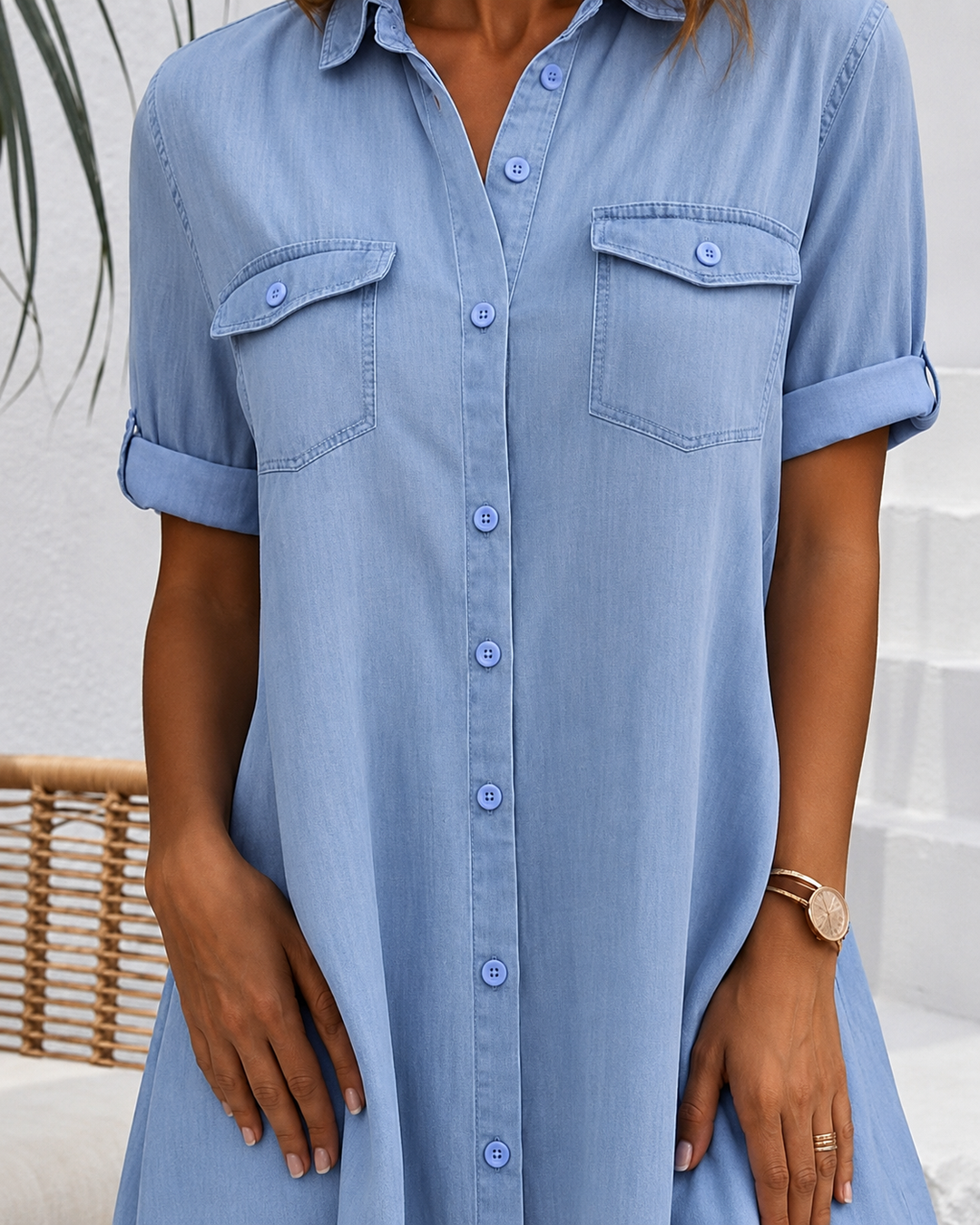 Chic women's button-front blouse dress. Long sleeve A-line midi cut, perfect for elegant casual wear and everyday style.