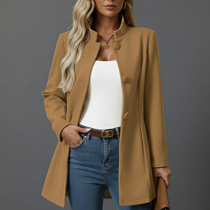 Elegant women's A-line button-down coat, perfect fall/winter outerwear with a stand collar and long sleeves.