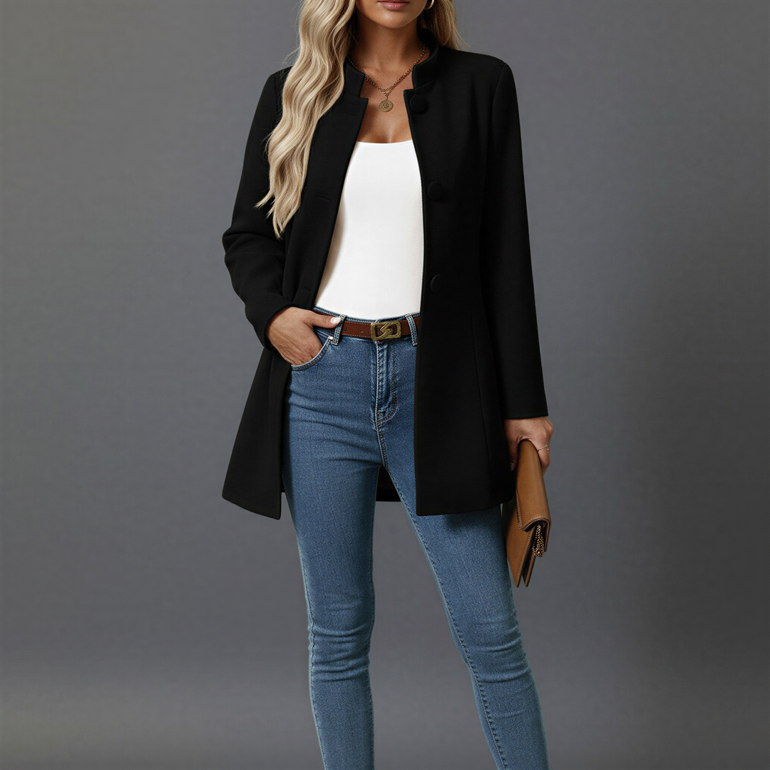Stylish women's A-line winter coat, elegant button-down outerwear with stand collar for chic fall fashion.