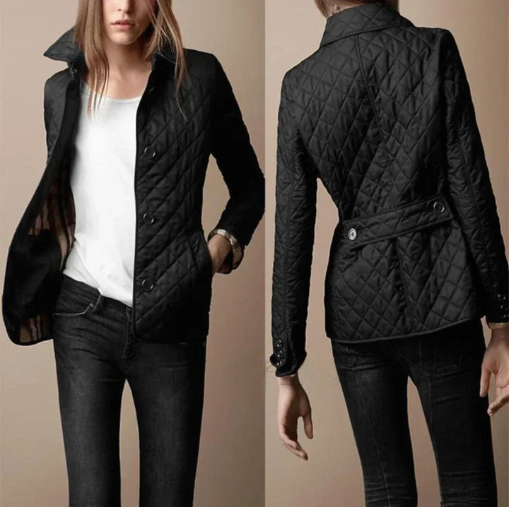 Lightweight women's quilted button-down jacket, an essential piece for fall fashion and spring layering.