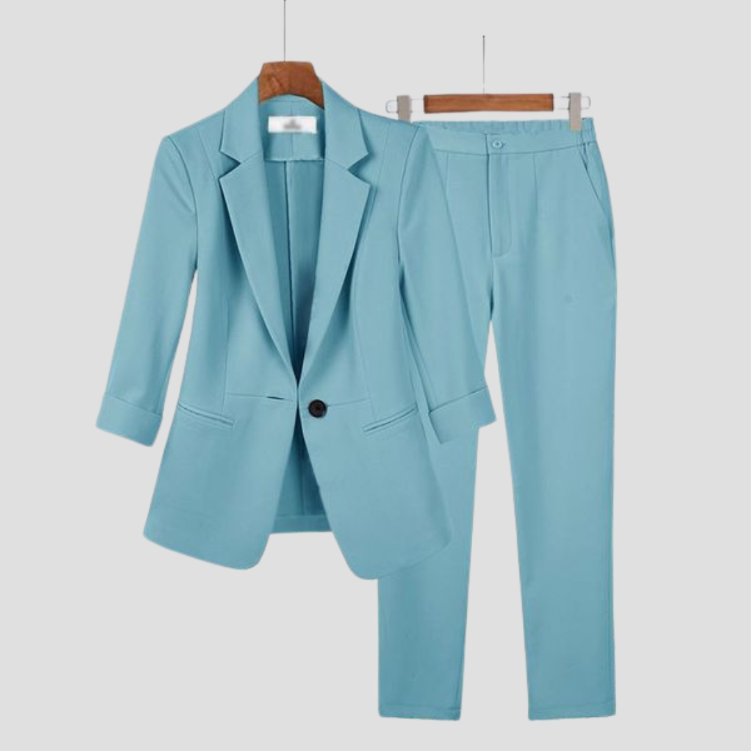 Women's professional office blazer & trousers set. A smart tailored two-piece, great for spring or fall fashion.