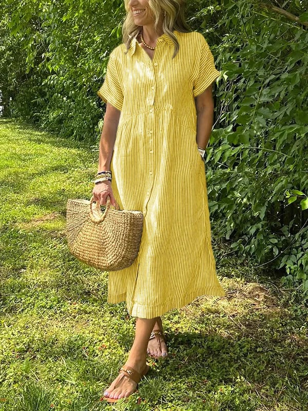 Summer-ready women's striped midi dress. A button-front shirt dress with pockets for casual fashion.