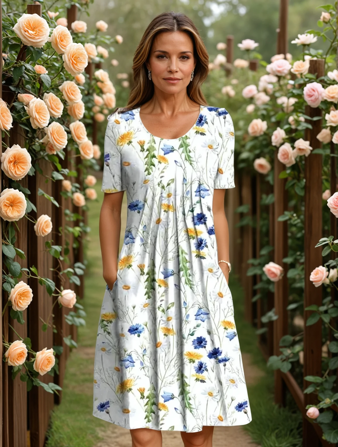 Chic women's floral midi A-line dress featuring a flattering V-neck, short sleeves, and convenient side pockets.