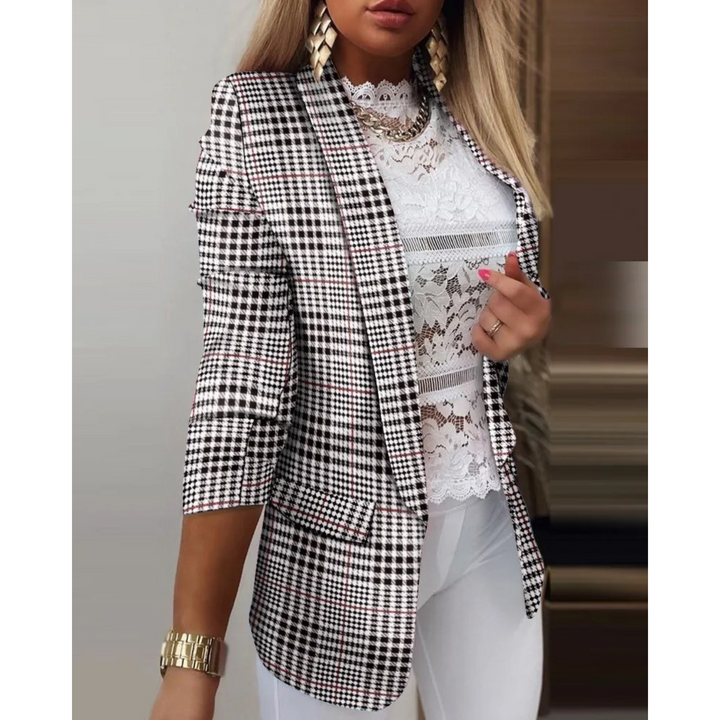 Stylish women's printed blazer with a sharp lapel collar. Ideal for professional wear or a chic casual look.