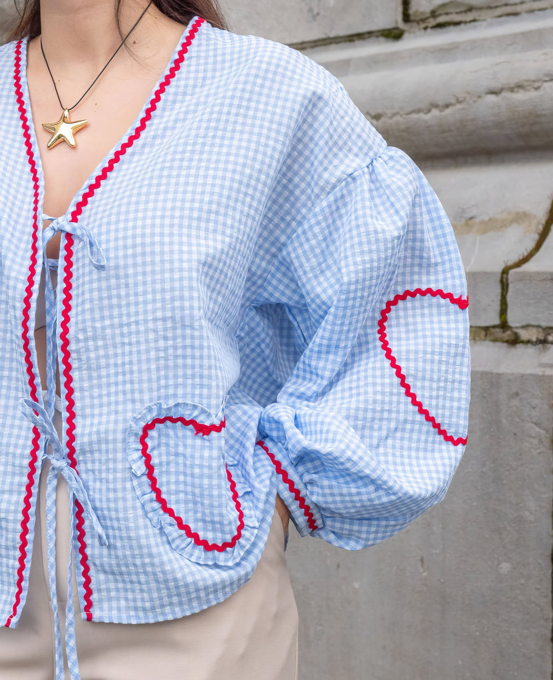 Elegant women's long sleeve blouse with voluminous puff sleeves and a chic tie front, a trendy spring top.