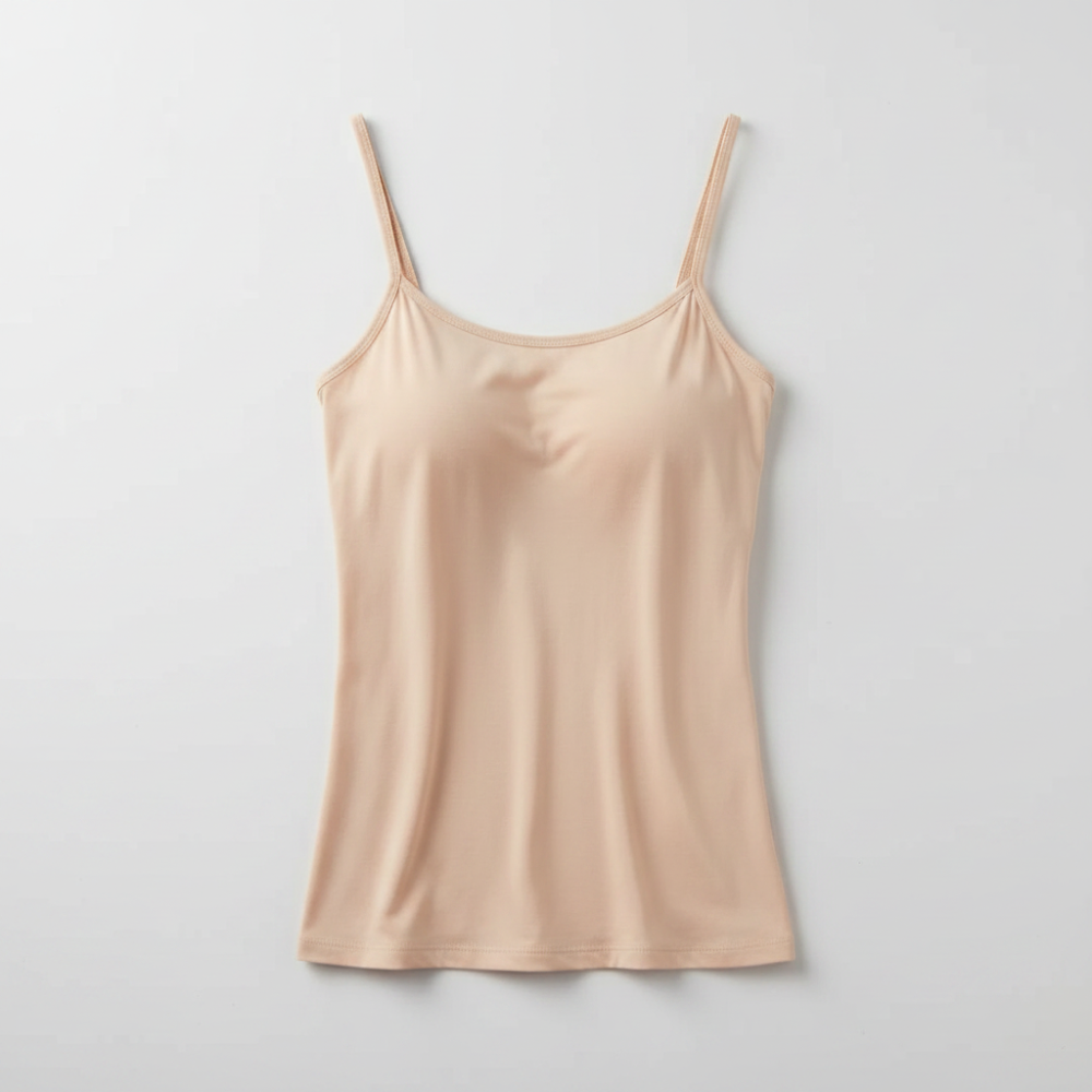 Women's built-in bra camisole, white, offering seamless support and comfort. Great for everyday layering.