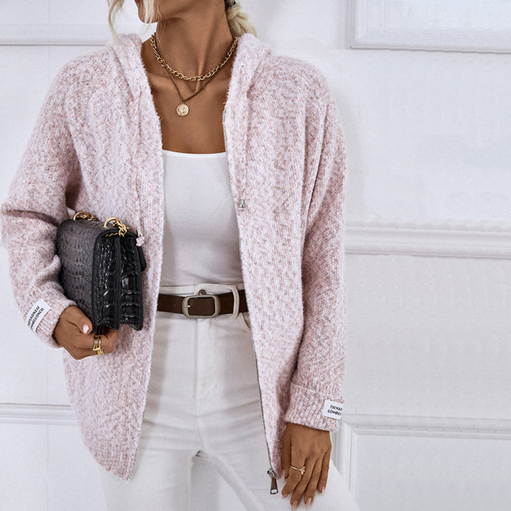 Soft women's hooded zip-up knit cardigan, a must-have for cozy fall and spring fashion.
