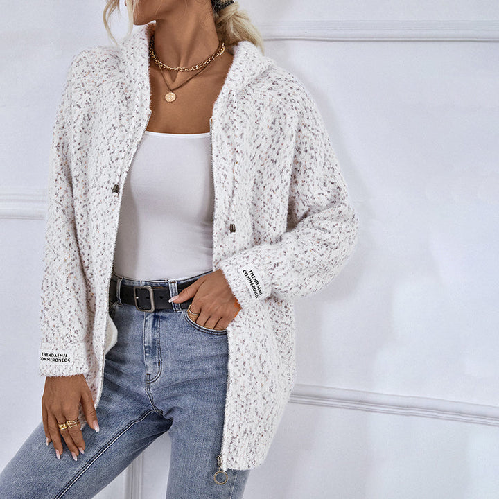 Comfortable women's zip-front hooded cardigan, an easygoing knit outer layer.
