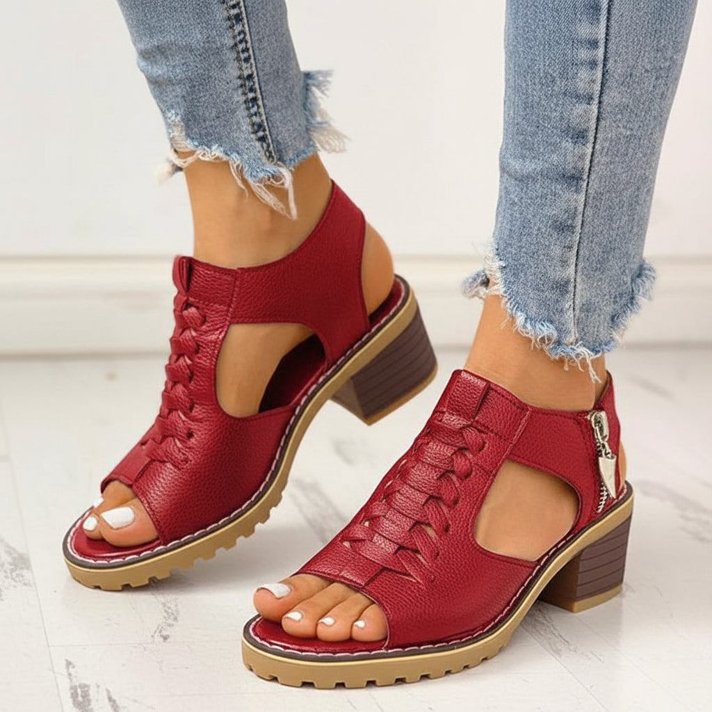 Chic women's heeled sandals featuring a sturdy chunky heel & peep toe design; fashion-forward shoes.