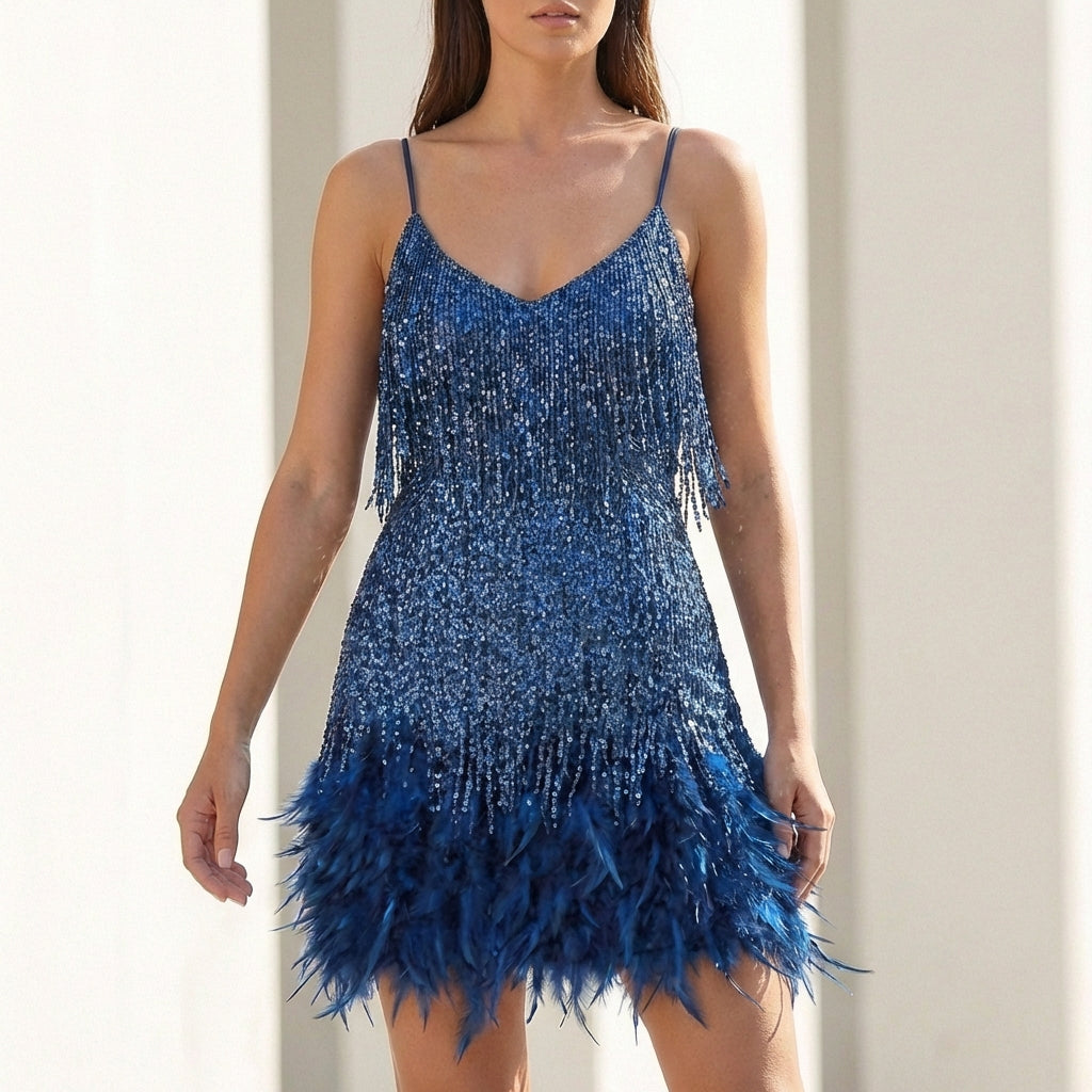 Elegant women's sequin mini dress with a unique feather hem. The ultimate glamorous evening & party cocktail dress.