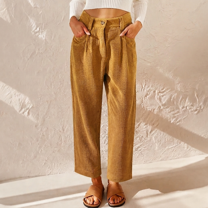 Close-up of the textured corduroy fabric on women's high-waist wide-leg pants, showcasing quality and style.