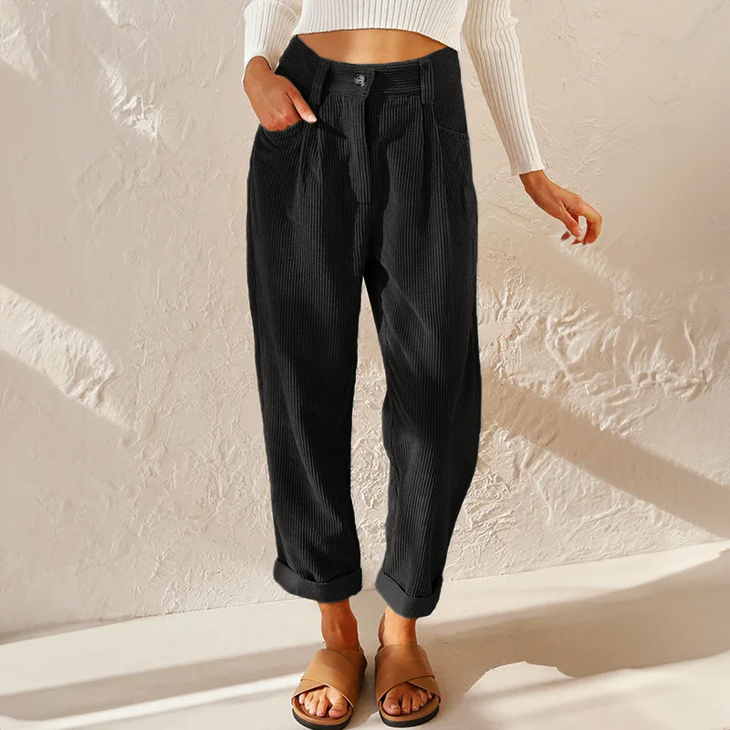 Full shot of women's high-waist wide-leg corduroy pants, offering a stylish and relaxed fit for casual fashion.