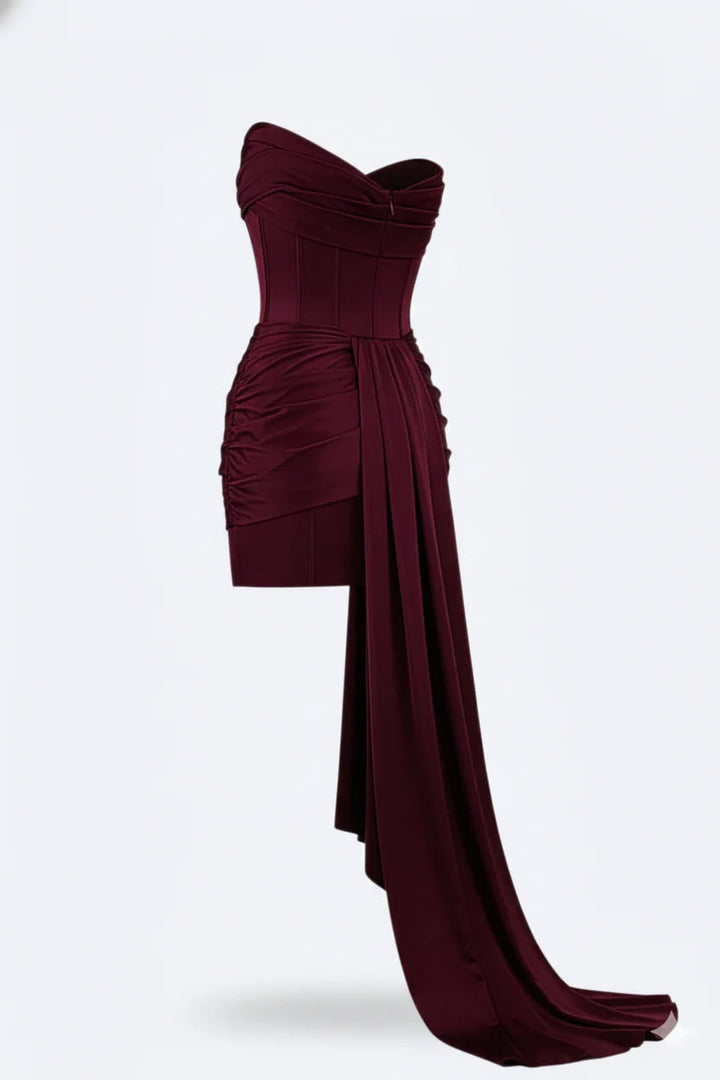Stunning women's party dress: strapless corset design, mini length, and unique asymmetric hem for elegance.