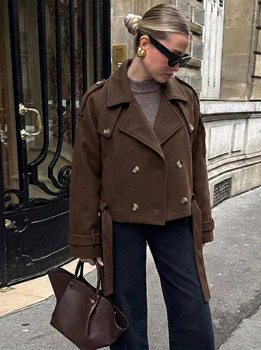 Women's classic double-breasted cropped trench coat, perfect for stylish fall & winter fashion.