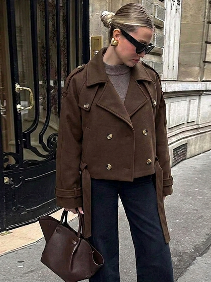 Women's classic double-breasted cropped trench coat, perfect for stylish fall & winter fashion.