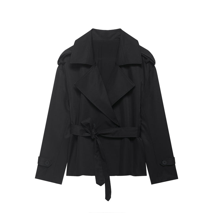 Stylish women's cropped coat showcasing a wide oversized lapel and adjustable belted waist, a fashionable fall & spring jacket.