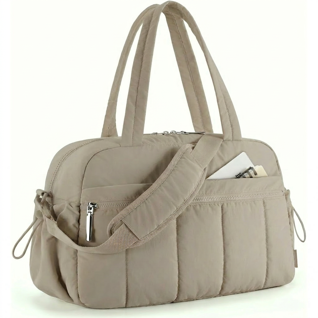 Taupe women's duffle work bag, a versatile everyday carryall. Perfect for professional and casual use.