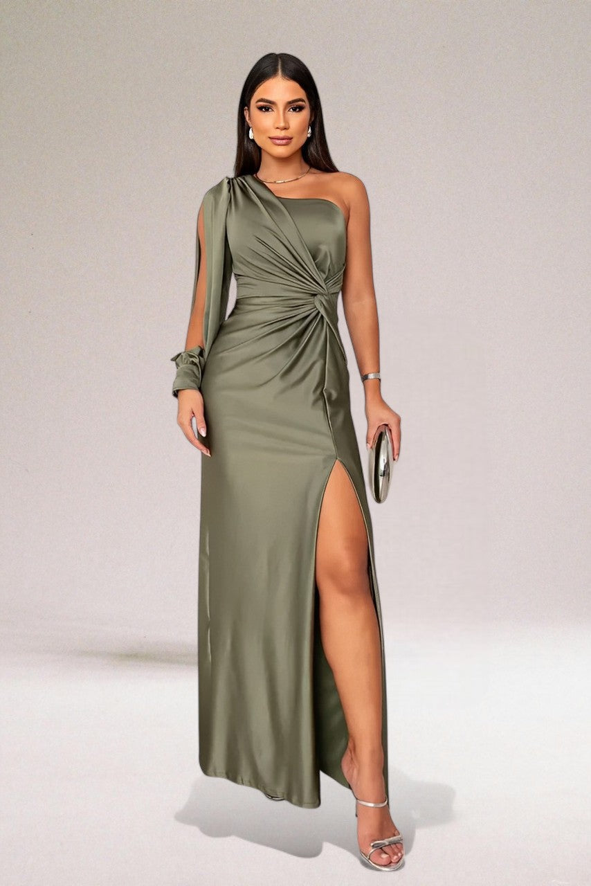 Chic women's one-shoulder evening dress with a dramatic side slit, a beautiful choice for any gala event.