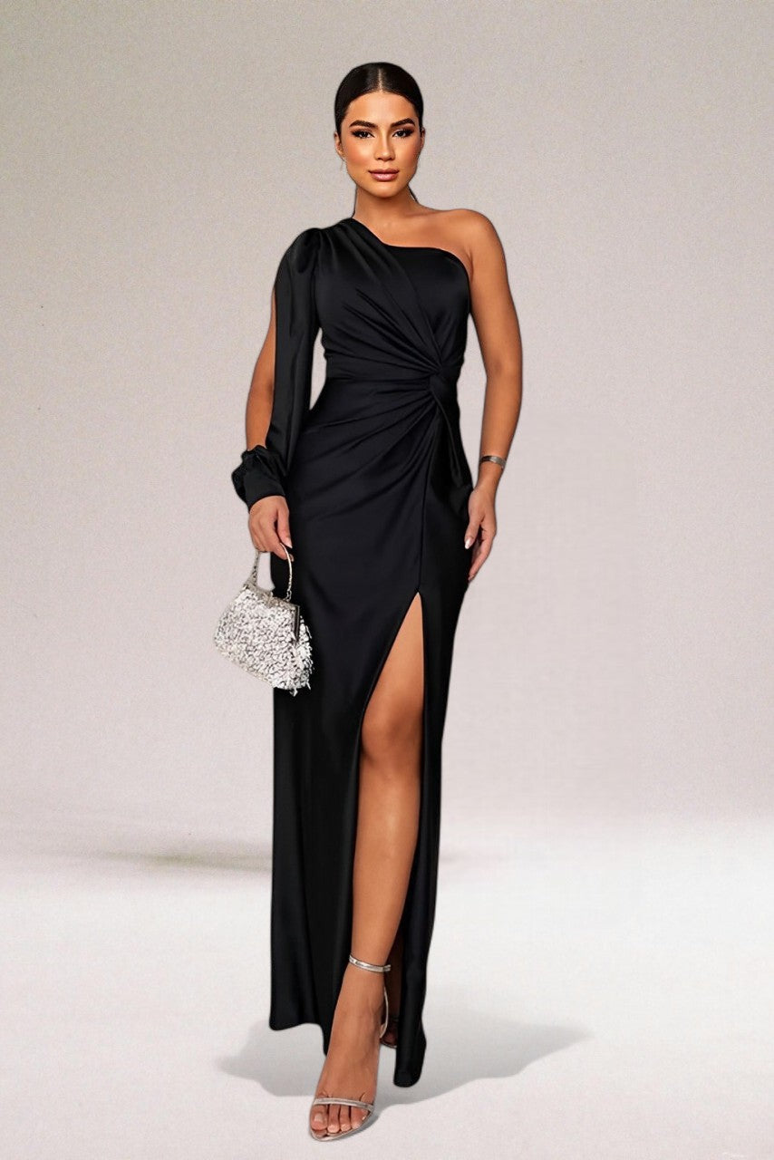 Beautiful women's one-shoulder evening gown, a draped maxi dress with an elegant high side slit.