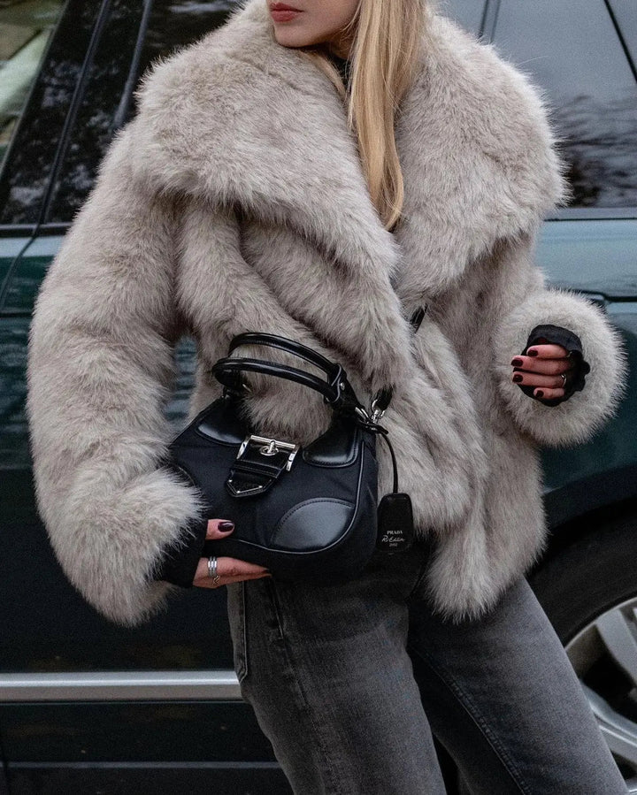 Cozy women's faux fur winter jacket, Olivia. Ethical, stylish & warm outerwear for chic fashion.