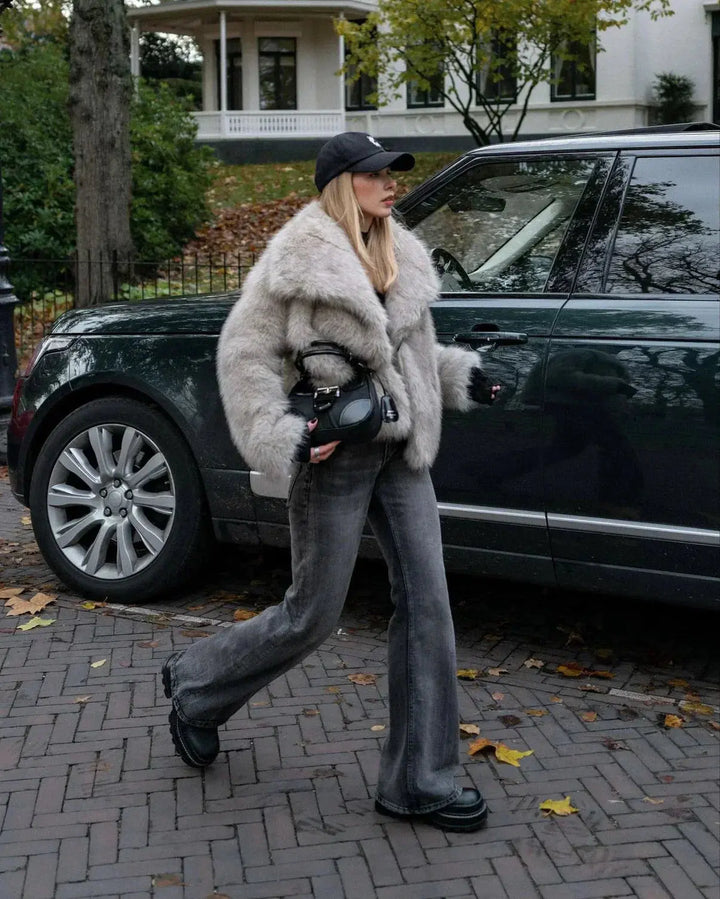 Women's luxurious soft faux fur jacket, Olivia style. Elegant & warm winter outerwear.