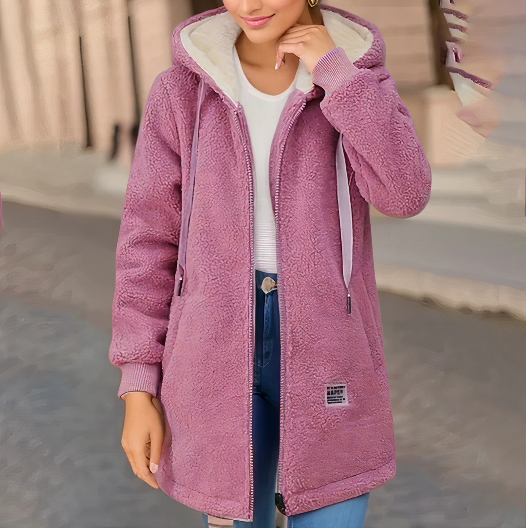 Pink Sophie women's hooded fleece jacket. Warm & comfortable casual outerwear for everyday style. Versatile ladies winter fashion.