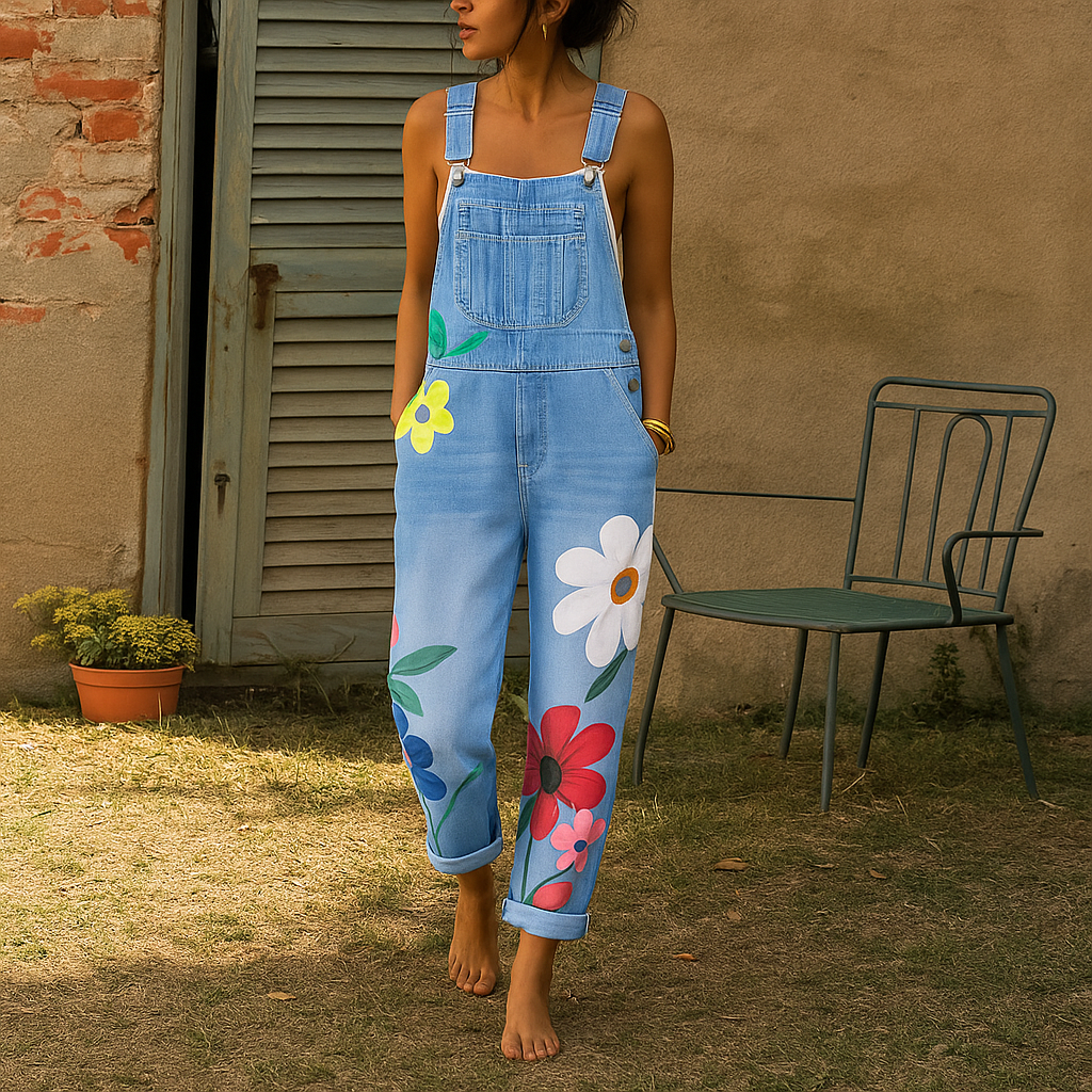 Stylish women's floral jumpsuit, a comfortable one-piece with a relaxed fit for fashionable casual summer wear.