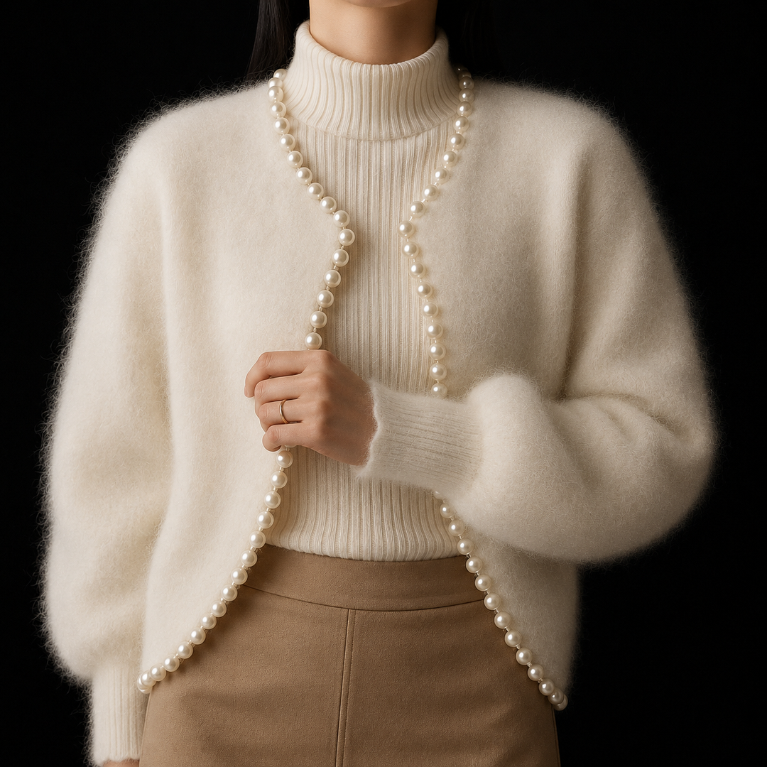 Soft knit women's beaded open front cardigan, elegant and comfortable, perfect for winter fashion & special events.