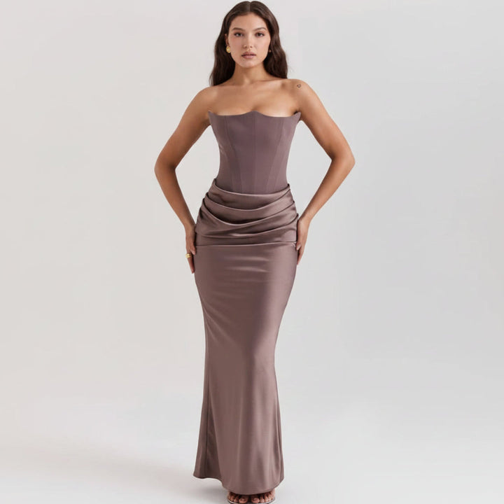 Elegant women's black tie formal corset evening gown dress, perfect for galas & special occasions.