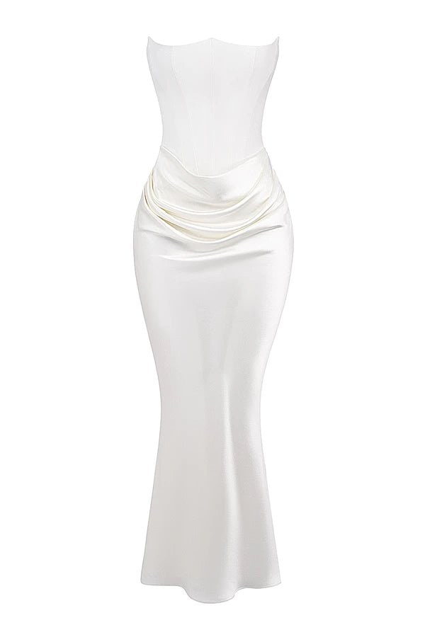 Women's long elegant formal evening gown featuring a sculpted corset design for special occasions.