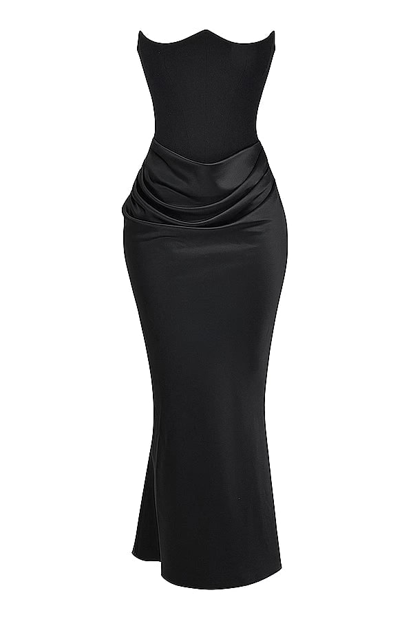 Designer women's elegant formal evening gown with a flattering corset, suitable for black tie affairs.