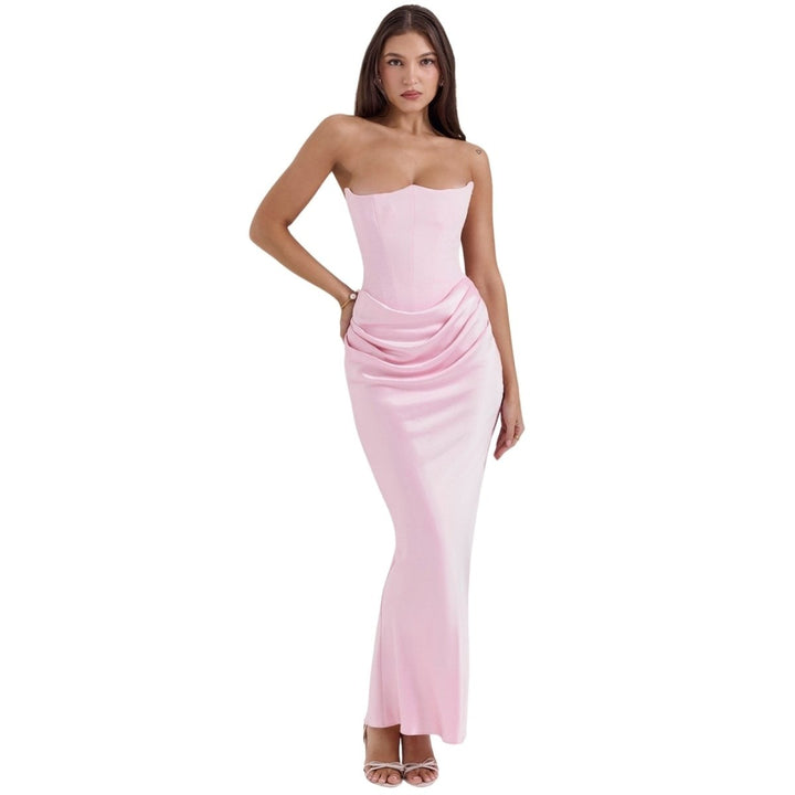 Timeless women's formal long corset gown, an elegant strapless dress for evening, prom, or black tie.