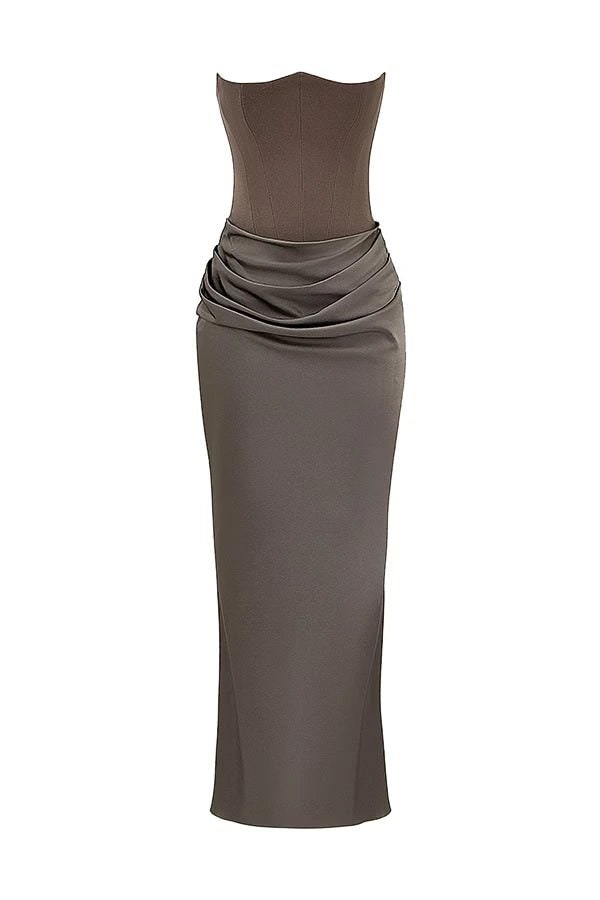 Luxurious women's strapless formal gown, an elegant corset dress perfect for black tie events or proms.