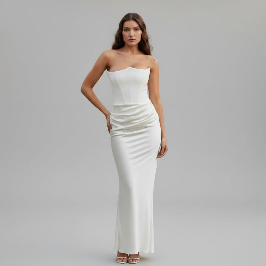 Stunning strapless formal corset gown for women, ideal as an elegant evening or prom dress.